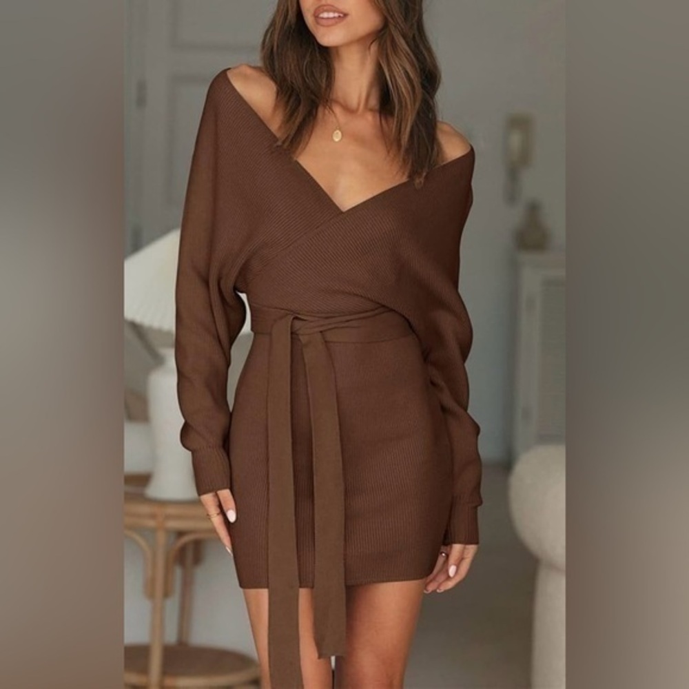 Women's Fall Batwing Sleeve Wrap V Neck Knitted Backless Bodycon Sweater Dress L